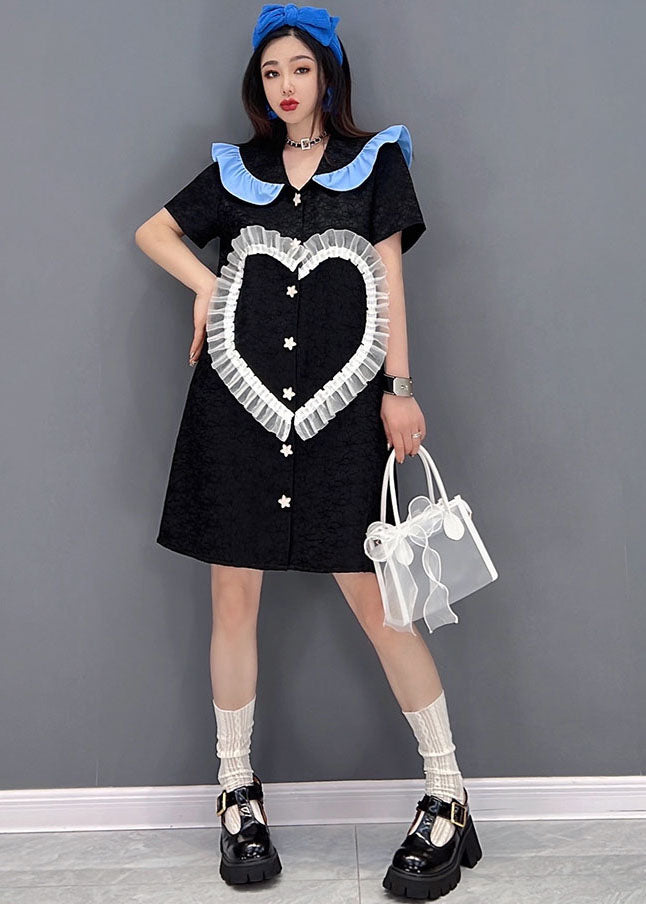 Mignon noire Peter Pan Coll Love Tulle Patchwork Shirt Robe Sleeve courte