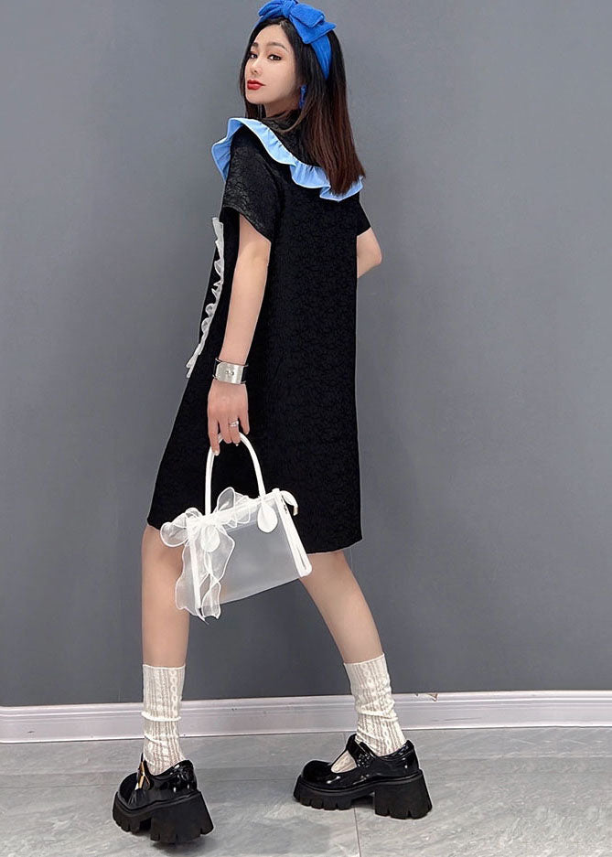 Mignon noire Peter Pan Coll Love Tulle Patchwork Shirt Robe Sleeve courte