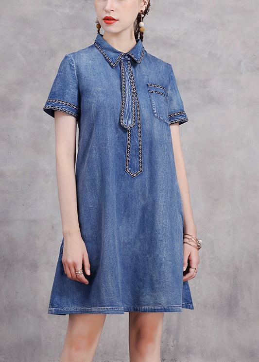 Mignon Blue Peter Pan Collier Collier Broideried Cotton Denim Robes à manches courtes