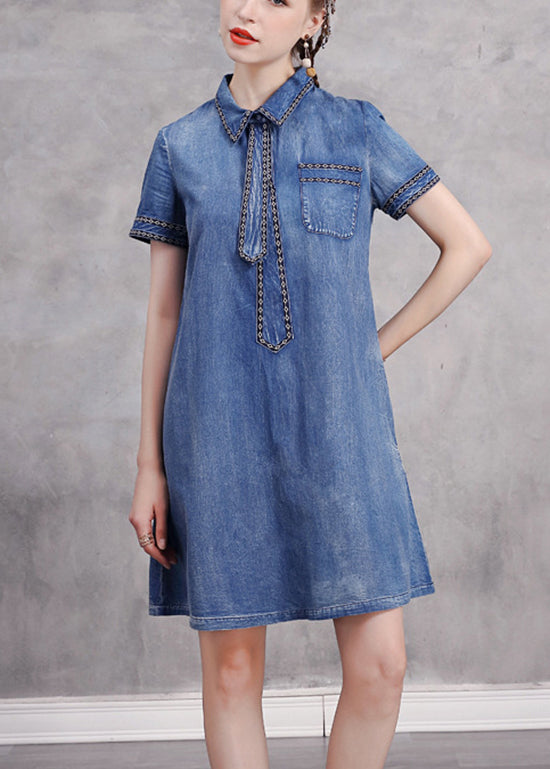 Mignon Blue Peter Pan Collier Collier Broideried Cotton Denim Robes à manches courtes