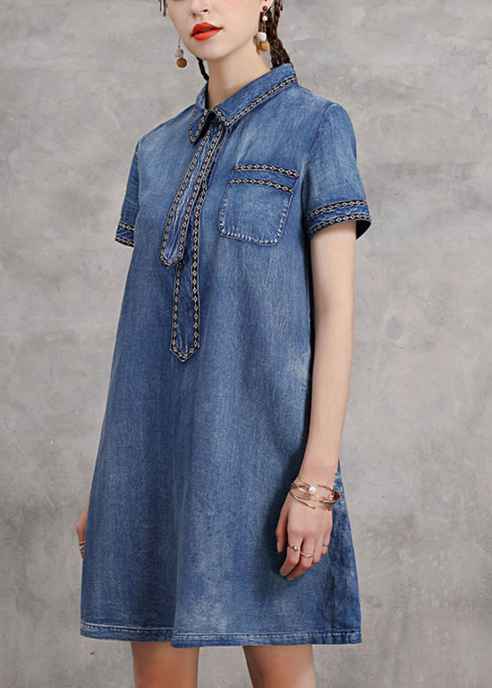 Mignon Blue Peter Pan Collier Collier Broideried Cotton Denim Robes à manches courtes