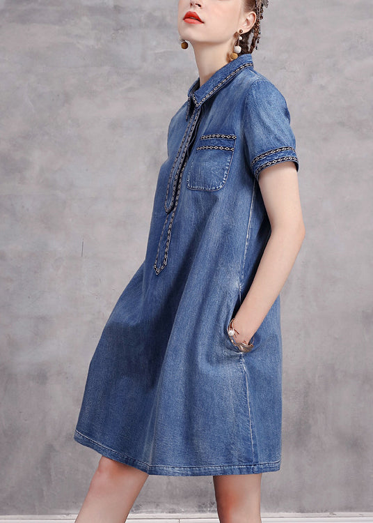 Mignon Blue Peter Pan Collier Collier Broideried Cotton Denim Robes à manches courtes