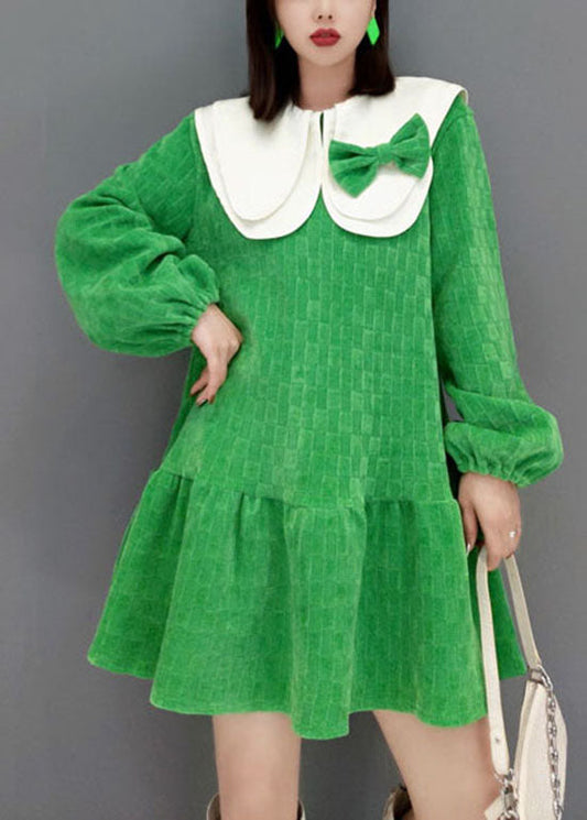 Mignon vert Peter Pan Collar Bow Plaid Velor Robes printemps