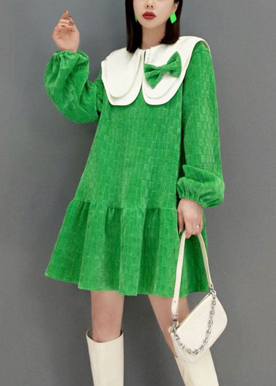 Mignon vert Peter Pan Collar Bow Plaid Velor Robes printemps