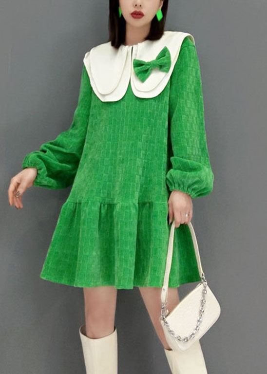 Mignon vert Peter Pan Collar Bow Plaid Velor Robes printemps