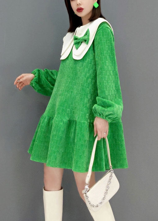 Mignon vert Peter Pan Collar Bow Plaid Velor Robes printemps