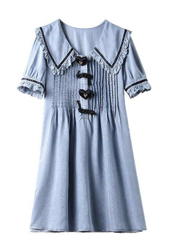 Mignon bleu clair Peter Pan collier en coton ridé robe en denim d'été