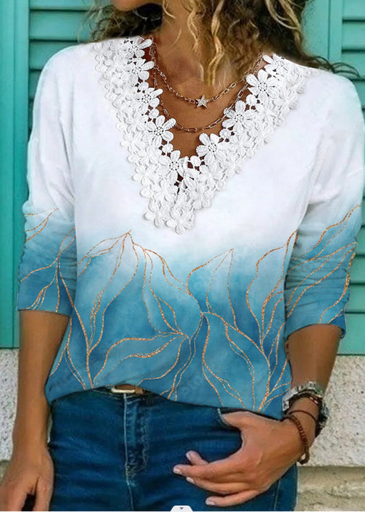 Mignon bleu clair V couche en dentelle Patchwork Imprimer T-shirt long à manches longues