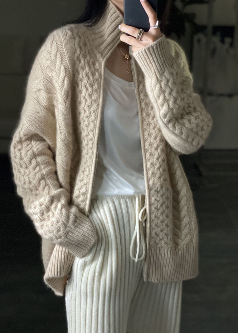 Bricolage beige zip up up décontracté en laine tricot tricot manteau winters