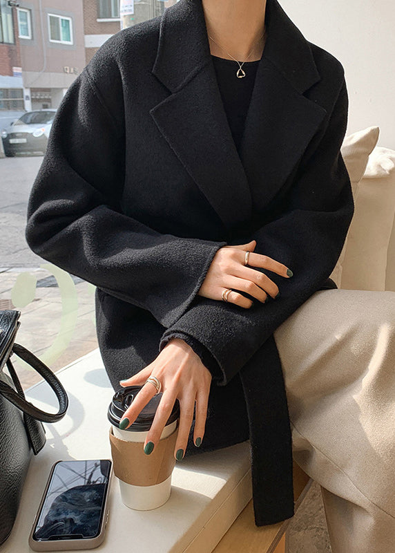 DIY Black Notched Tie Waist Solid Woolen Coats Fall