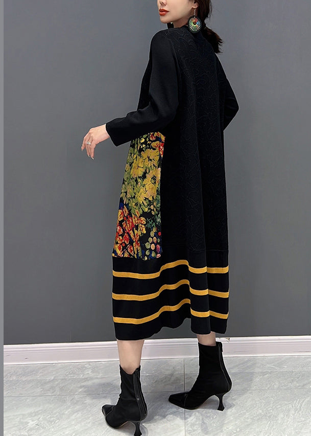 DIY Black O Neck Imprimé patchwork rayé Robes longues Fall