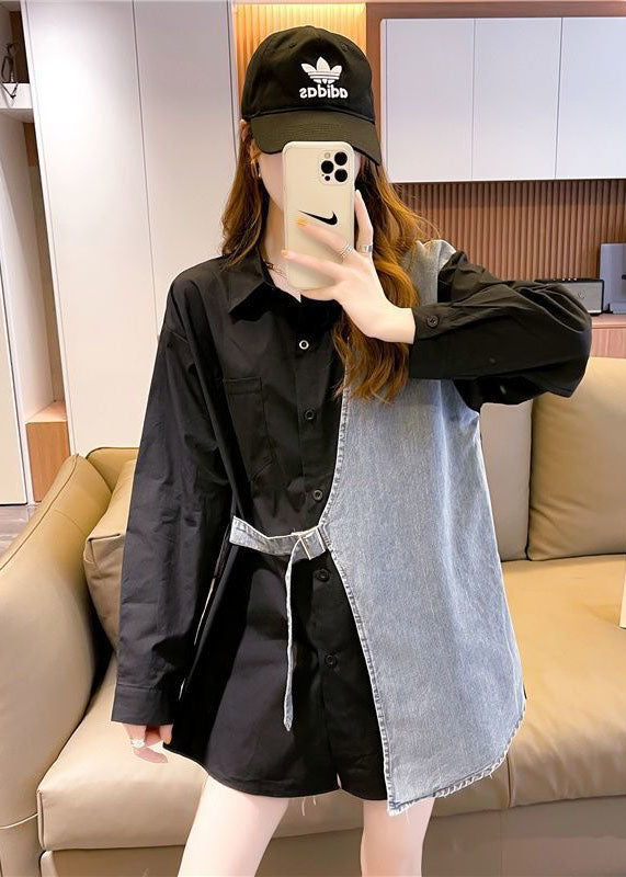 DIY Black Peter Pan Collar Denim Patchwork Coton Fake Two Piece Shirts Fall