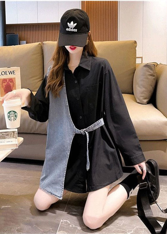 DIY Black Peter Pan Collar Denim Patchwork Coton Fake Two Piece Shirts Fall