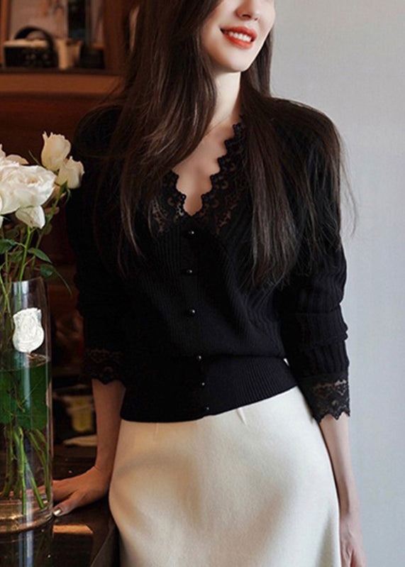 DIY Black V Neck Nail bead Lace Patchwork Woolen Top Long Sleeve