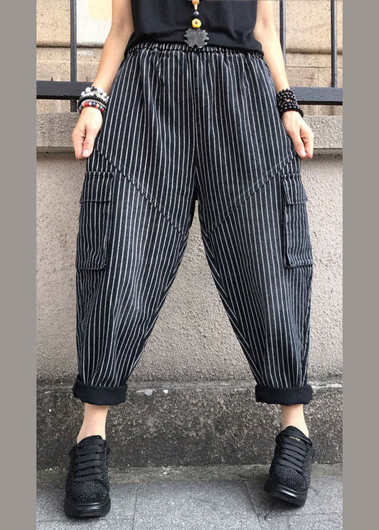 Bricolage noir haut taille à rayures en denim harem pantalon printemps