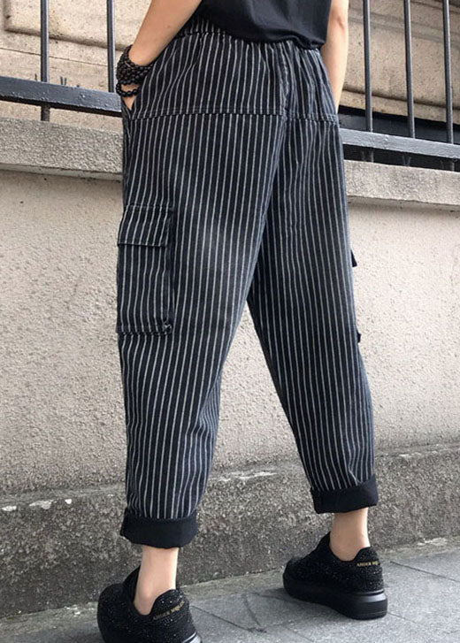 Bricolage noir haut taille à rayures en denim harem pantalon printemps