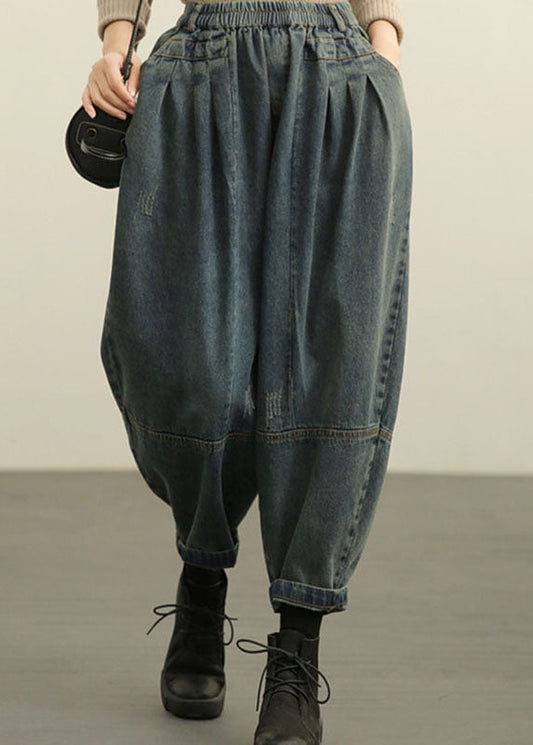 DIY Blue High Waist Pockets wrinkled Harem Fall Denim Pants