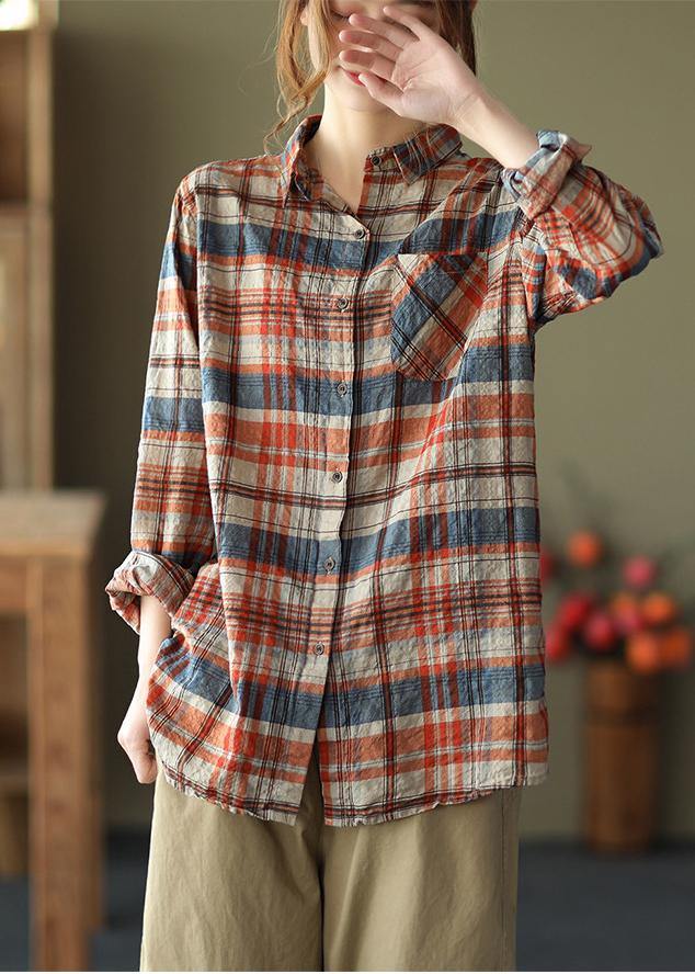 DIY Blue Plaid Blouses For Women Lapel Pockets Art Spring Tops - SooLinen