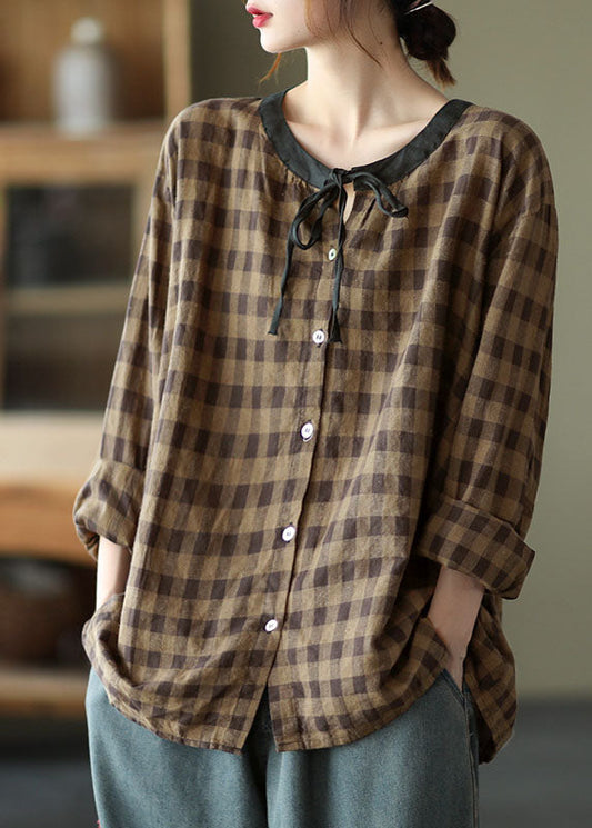 DIY Chocolate Plaid Button tie Fall Shirt Long sleeve