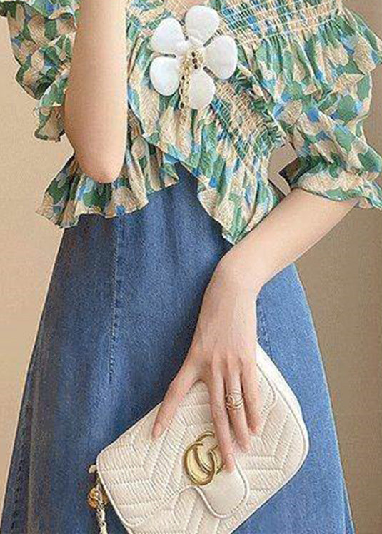 DIY Green Slash Neck Imprimer Patchwork Denim Robe longue manche courte