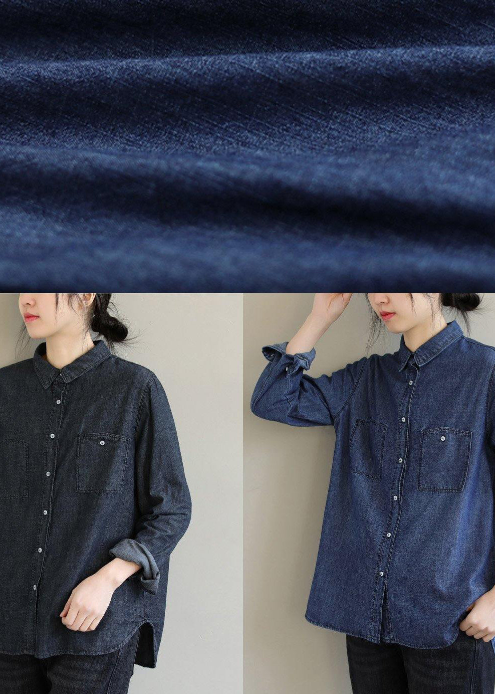 DIY Lapel Pockets Spring Clothes For Women Pattern Denim Blue Shirt