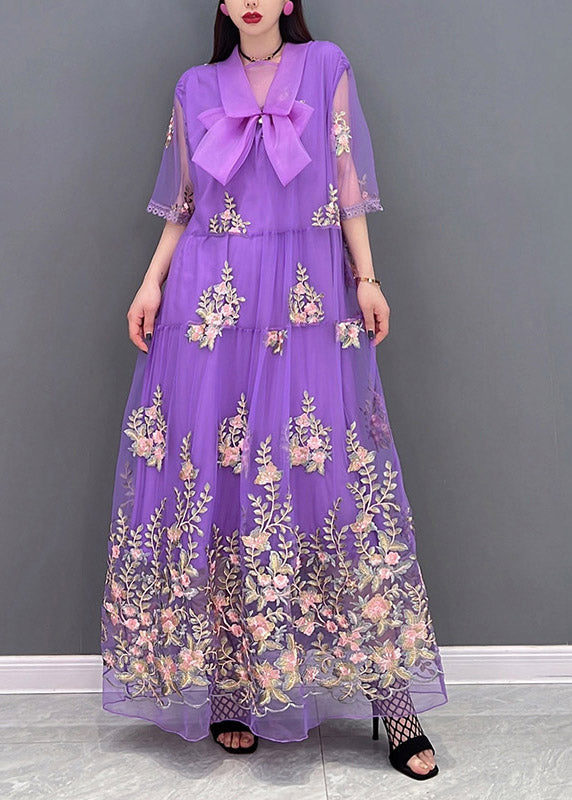 DIY Purple Peter Pan Collar Broideried Lace Patchwork Tulle Holiday Robe Three Quarter Sleeve