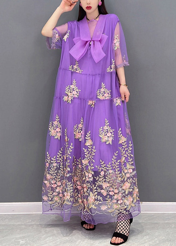 DIY Purple Peter Pan Collar Broideried Lace Patchwork Tulle Holiday Robe Three Quarter Sleeve