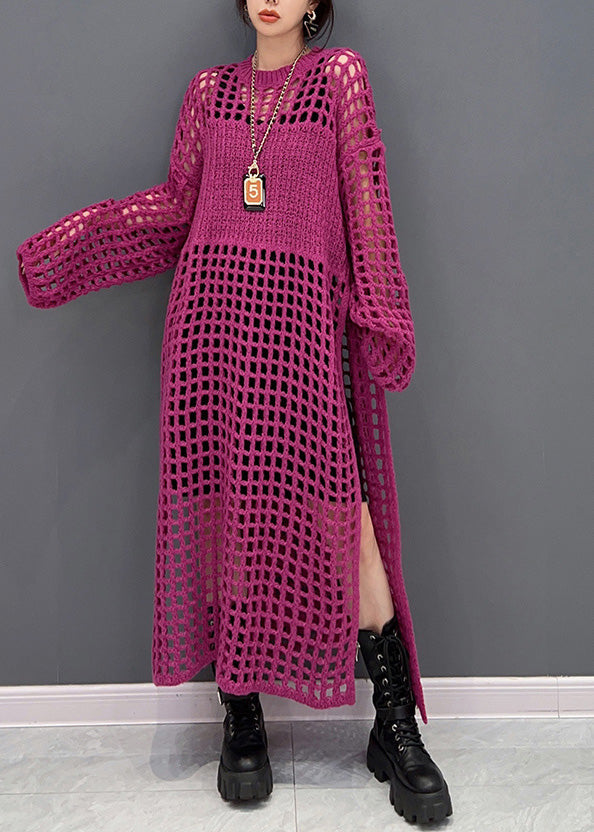 DIY RED O-LECK Hollow Out Side Open Tricot Long Robes Spring