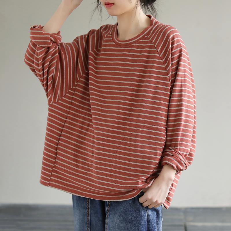 DIY Red cotton Crane tops Striped cotton Spring Sweatshirt - SooLinen