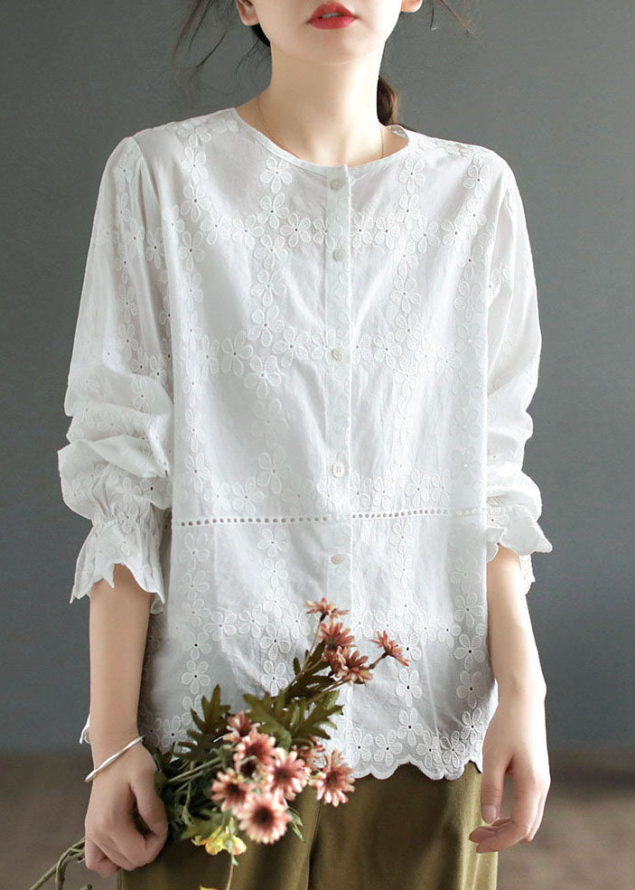 DIY White O Neck Patchwork Embroideried Cotton Blouses Spring