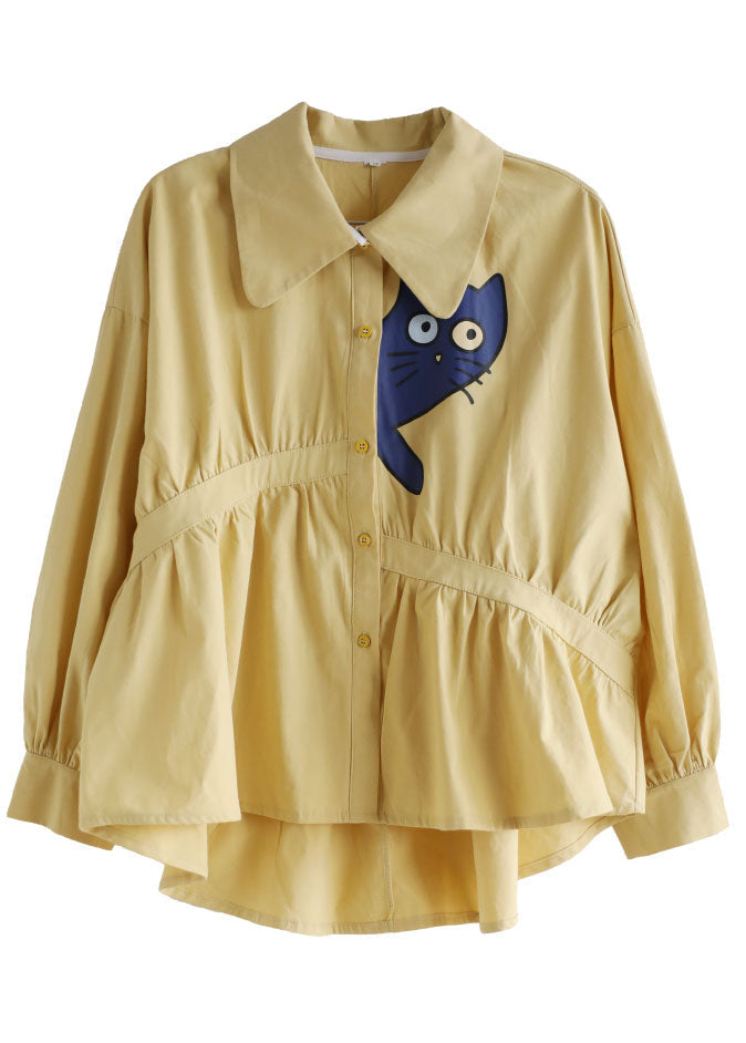 DIY Yellow Peter Pan Collier Asymétrique Cat ridé Applique Coton Shirt Long Manneve