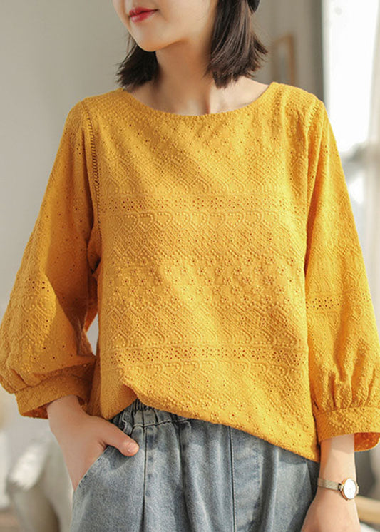 DIY Yellow Fashion Hollow Out Broideried Fall Long Mancheve Tops