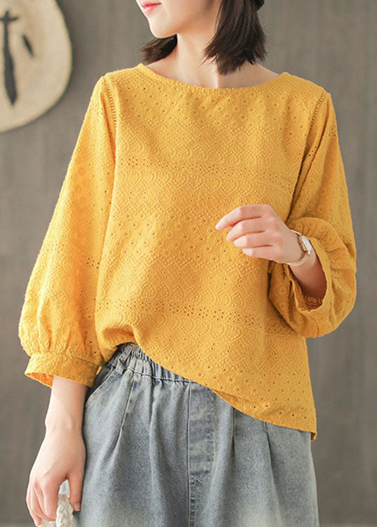 DIY Yellow Fashion Hollow Out Broideried Fall Long Mancheve Tops