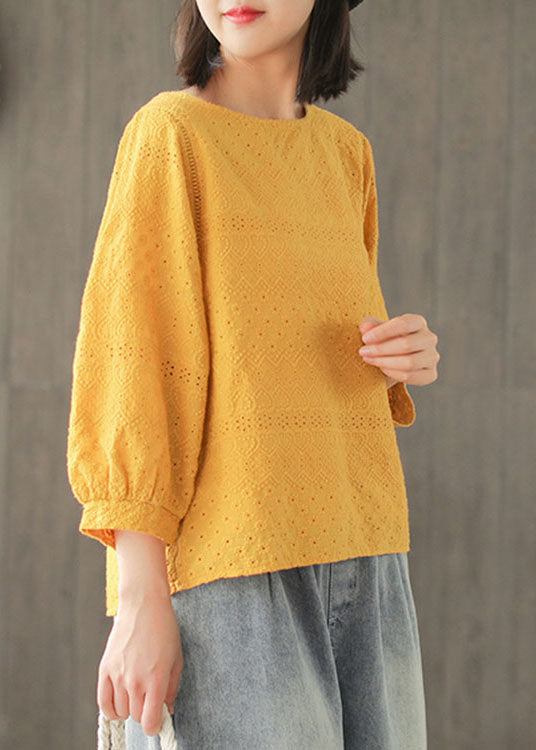 DIY Yellow Fashion Hollow Out Broideried Fall Long Mancheve Tops