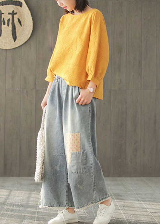 DIY Yellow Fashion Hollow Out Broideried Fall Long Mancheve Tops