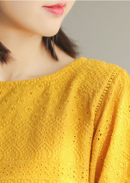 DIY Yellow Fashion Hollow Out Broideried Fall Long Mancheve Tops