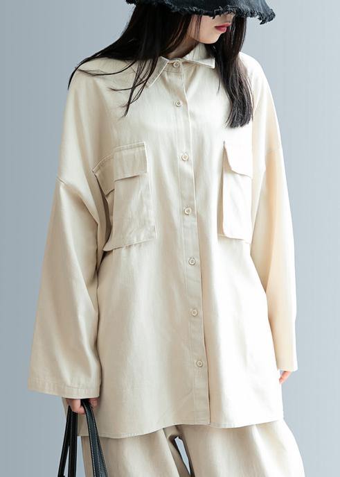 DIY beige clothes For Women lapel pockets Knee shirt - SooLinen