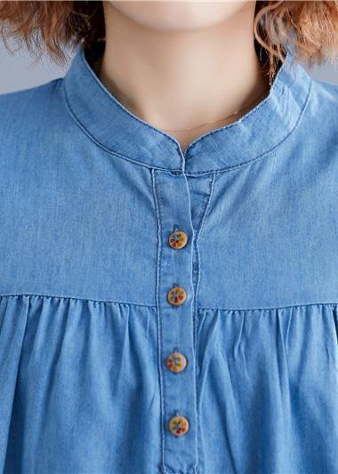 DIY denim blue cotton shirts women stand collar embroidery summer blouse - SooLinen