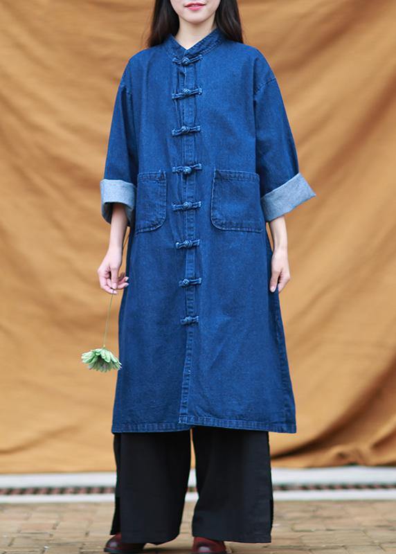 DIY denim blue tunic stand collar pockets Maxi Dress - SooLinen