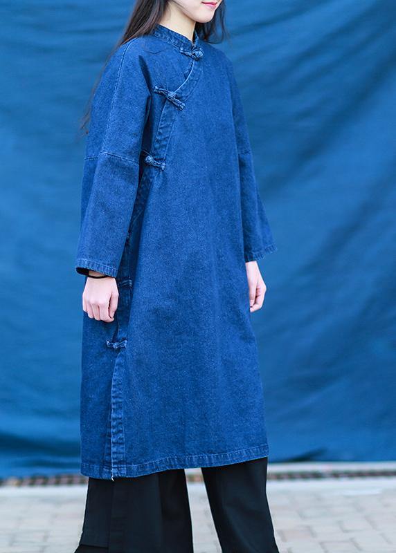 DIY denim dark blue quilting dresses stand collar baggy Dresses - SooLinen