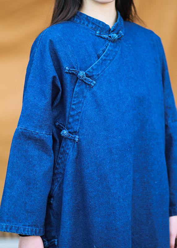 DIY denim dark blue quilting dresses stand collar baggy Dresses - SooLinen