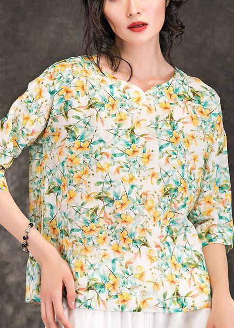 DIY floral linen tunic pattern v neck Half sleeve Dresses summer tops - SooLinen