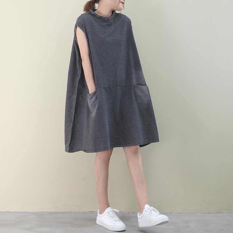 DIY o neck sleeveless Cotton outfit denim gray Dress - SooLinen