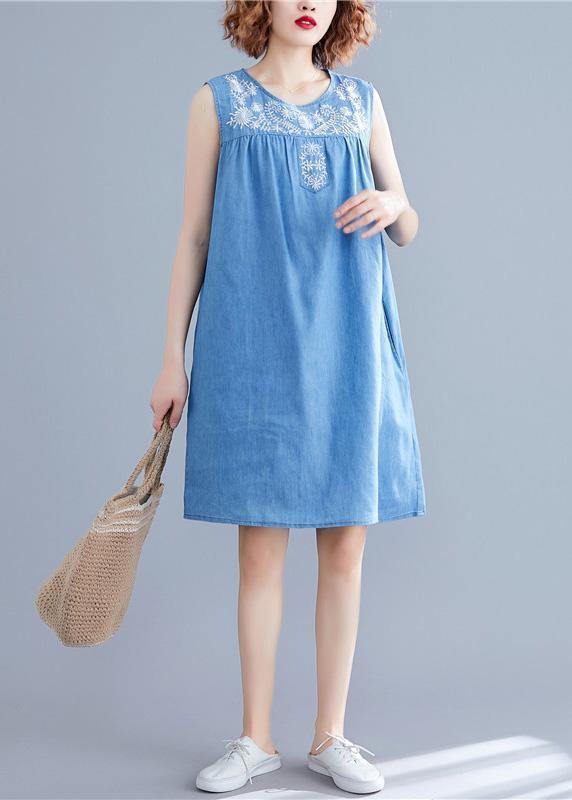 DIY sleeveless embroidery Cotton clothes Women Work denim blue Dresses summer - SooLinen