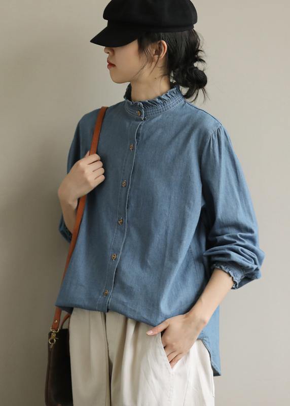 DIY stand collar Button Down top Fashion Ideas blue blouses - SooLinen