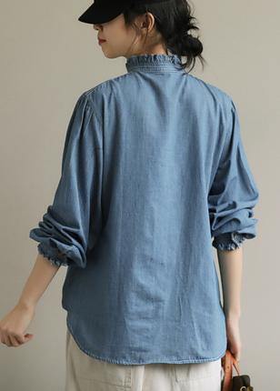 DIY stand collar Button Down top Fashion Ideas blue blouses - SooLinen