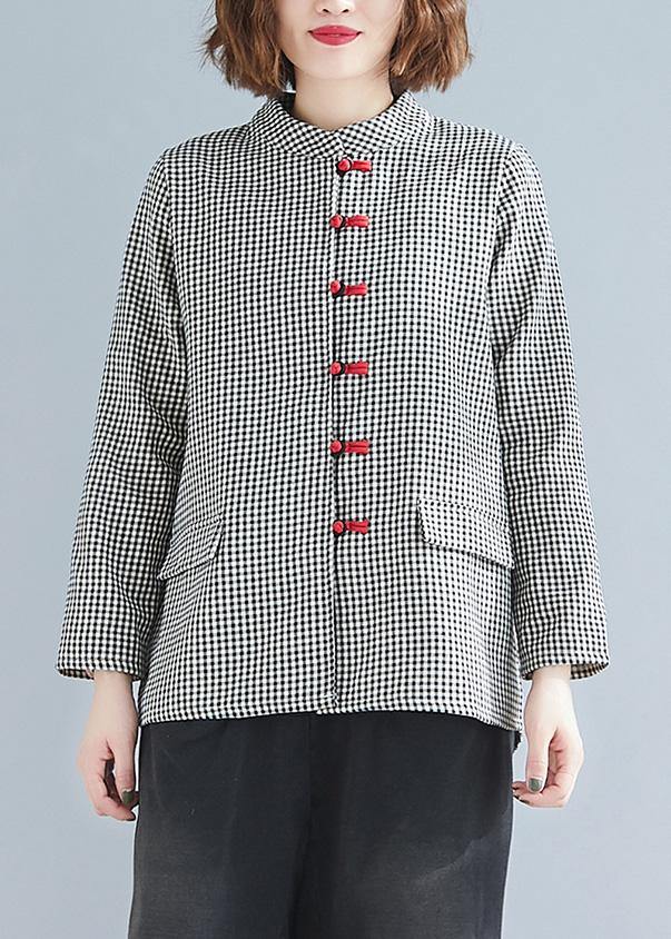 DIY stand collar pockets linen Blouse gray plaid top - SooLinen