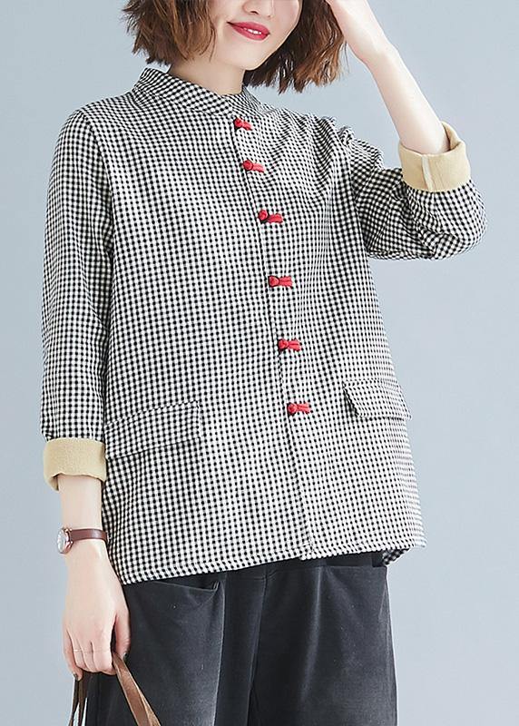 DIY stand collar pockets linen Blouse gray plaid top - SooLinen