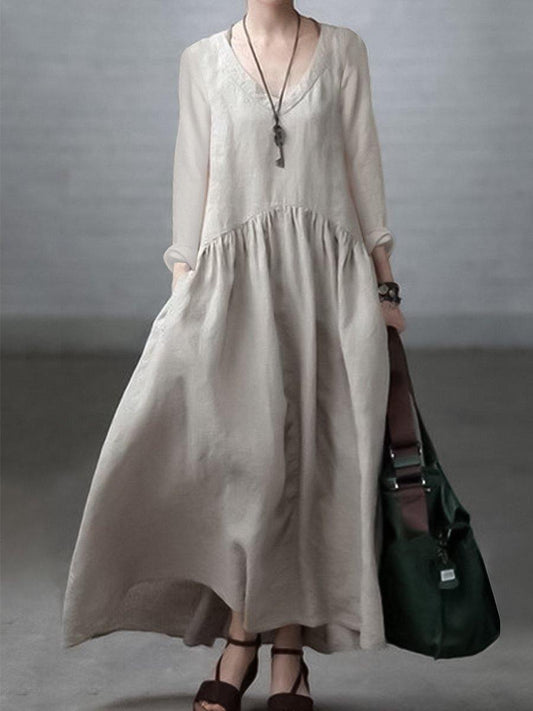 Simple and Loose V-neck Cotton and Linen Dress - SooLinen