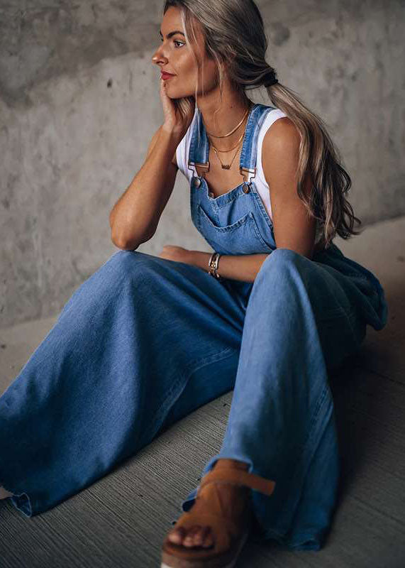 Dark Blue Pockets Patchwork Denim Wide Leg Jumpsuits Summer